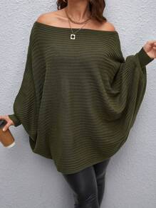 SHEIN CURVE+ Áo len chui đầu dáng rộng, màu trơn, không đối xứng, tay cánh dơi, kiểu dáng tối giản, thích hợp mặc mùa thu đông. - xanh quân đội - Xem 4