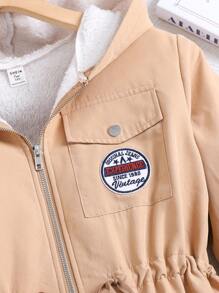 SHEIN Leap Crew Teen Girl's Khaki Thermal Lined Letter Pocket Hoodie Thick Warm Long Waist Coat, Autumn & Winter