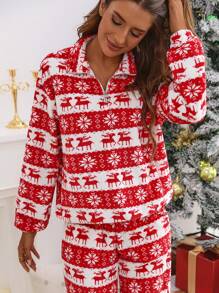 SHEIN Privé Áo nỉ rộng rãi in hình tuần lộc và bông tuyết mùa thu cho nữ - Màu be - Xem 5