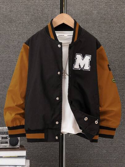 SHEIN Chaqueta con parche de letra en contraste de color para niño preadolescente, otoño