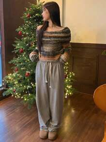 DAZY Áo len hở vai màu ombre thiết kế rộng rãi cho nữ, Áo len trễ vai, Quần áo mùa thu - Nhiều màu - Xem 7