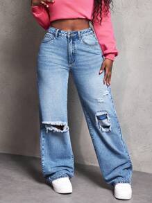 SHEIN Slayr Quần jeans ống rộng cạp cao rách đơn giản cho nữ, phù hợp với mọi mùa - Rửa trung bình - Xem 1