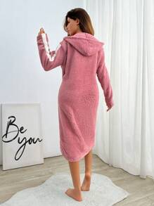 RueChic Women Paw Embroidery Pocket With Hoodie Detail Homewear Robe - Pink - View 2