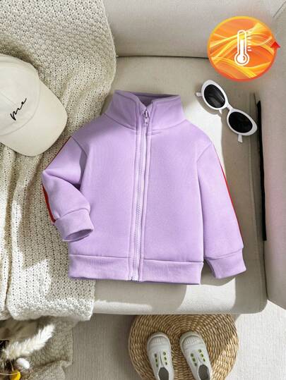 SHEIN Baby Boy Zippered Stand Collar Contrast Color Tape Jacket, With Stylish Stand Collar And Colorblock Design, Made Of Comfortable And Durable Fabric, Suitable For Spring, Autumn And Early Winter Outfits