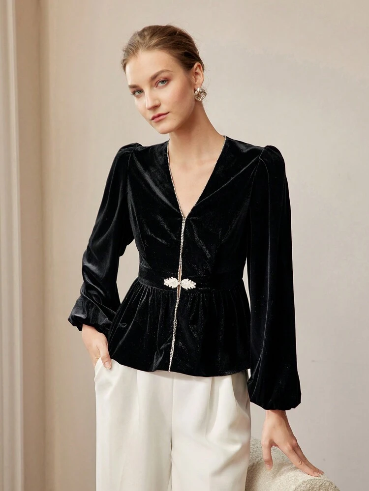 V-NECK LANTERN SLEEVE RHINESTONE DETAIL PEPLUM TOP