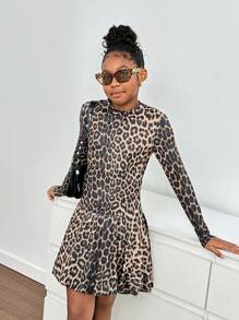 SHEIN Tween Girls Casual Crew Neck Leopard Print Long Sleeve Dress