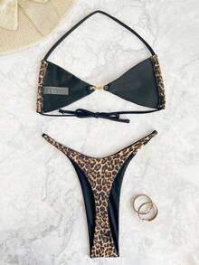 SHEIN Swim 豹纹性感挂脖系带比基尼套装（含丁字裤）女式夏季 - 彩色 - 查看 5