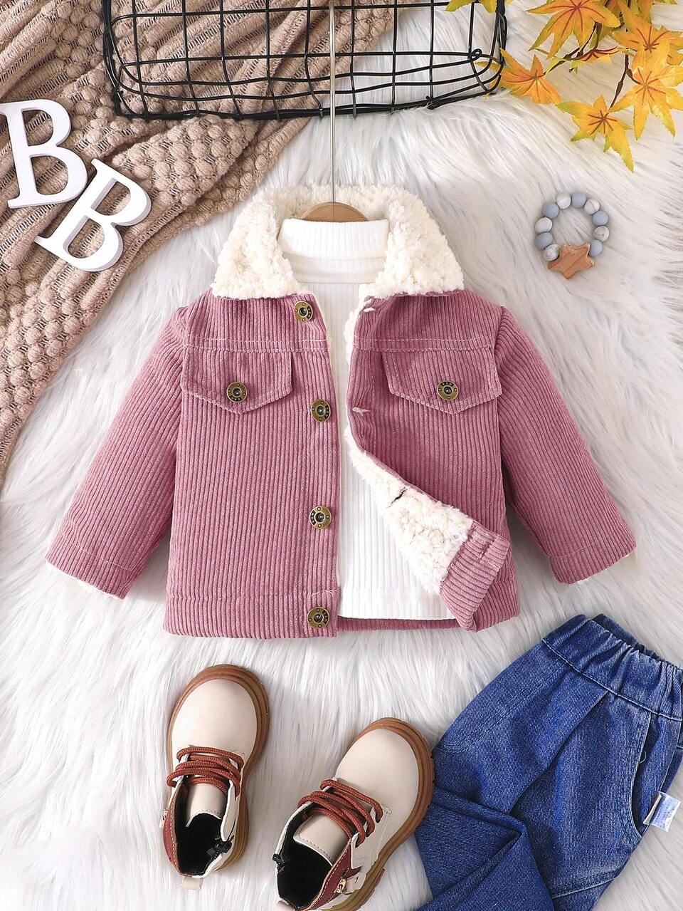 Baby Girl Flap Detail Thermal Lined Corduroy Jacket Winter