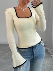 RosyDaze Casual Colorblock Bell Sleeve Sweater, Autumn/Spring