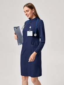 TaskEZ Multiple Pocket Minimalist Nurse Stand Collar Long Sleeve Pocket Dress - Navy Blue - View 8