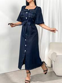 Modelyn Vestido de manga corta con cuello cuadrado, botones frontales y cintura de corbata, para primavera/otoño, casual diario/viaje/vacaciones/fiestas, vestidos largos para eventos de noche - Azul - Ver 4