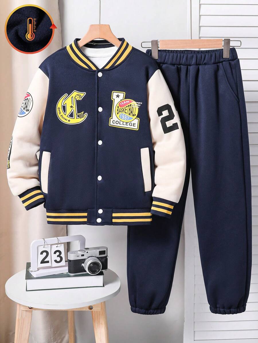 SHEIN Tween Boy 时尚多徽标印花拼色保暖衬里飞行员夹克和裤子套装 - 藏蓝色 - 查看 1