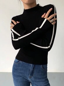 SHEIN Clasi 女士黑白撞色边饰基本款底层套头衫商务休闲女士、工作服、秋季婚礼宾客礼服， - 黑與白 - 查看 1