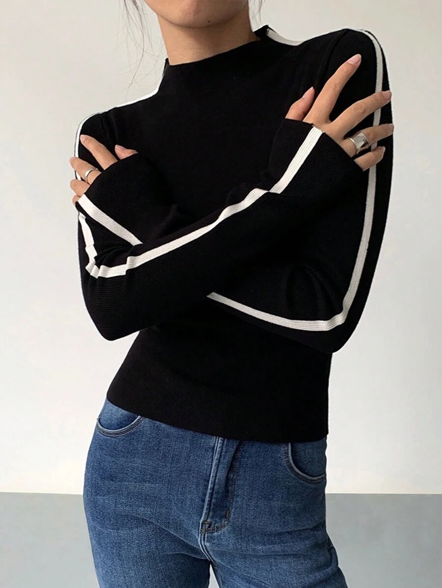 SHEIN Clasi 女士黑白撞色边饰基本款底层套头衫商务休闲女士、工作服、秋季婚礼宾客礼服, - 黑與白 - 查看 1