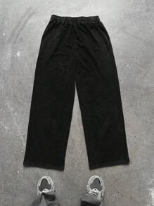 Manfinity Roghcode Manfinity Streetrush Men's Flame & Letter Print Wide Leg Sweatpants,Y2K Drawstring Casual Baggy Pants,Black Pink,Summer,Streetwear,City Break Gifts - Black - View 2