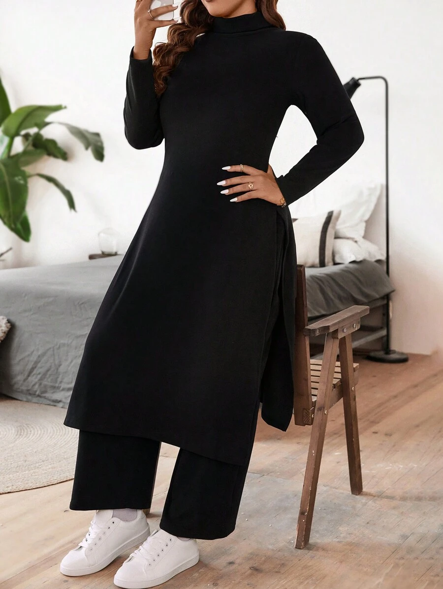 SHEIN LUNE 大码女式纯色高领开衩下摆长 T 恤和宽松阔腿裤套装 - 黑色 - 查看 1