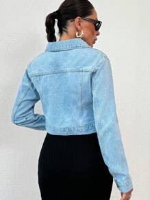 EURMUSE Floral Embroidery Casual Blue Front Button Pocket Long Sleeve Denim Jacket - Medium Wash - View 2