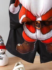 Young Boy Santa Claus Print Short Sleeve T-Shirt And Shorts Set, Adding A Festive Joyful Mood To The Summer Outfit, For Christmas
