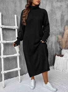 SHEIN VCAY Đầm dài tay cổ cao màu đen cỡ lớn cho nữ, giản dị và thoải mái, mùa thu/đông - màu đen - Xem 3