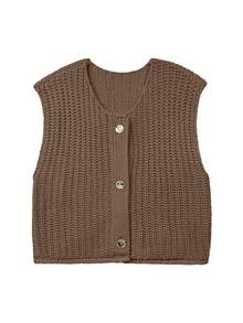 Chaleco de punto acanalado holgado y casual para mujer con botones dorados vintage en la parte delantera y cuello en V, de longitud regular, elegante para atuendos de moda de otoño e invierno - Camel - Ver 9