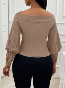 VaVaBold Blusa elegante de mujer con efecto de mezclilla, cuello descubierto, manga larga y cintura recogida, para otoño/invierno - Caqui - Ver 2