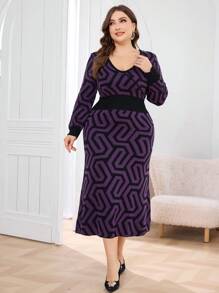 Modelyn Plus Size Women Full Pattern V-Neck Fitted Sweater Dress - Purple - View 1