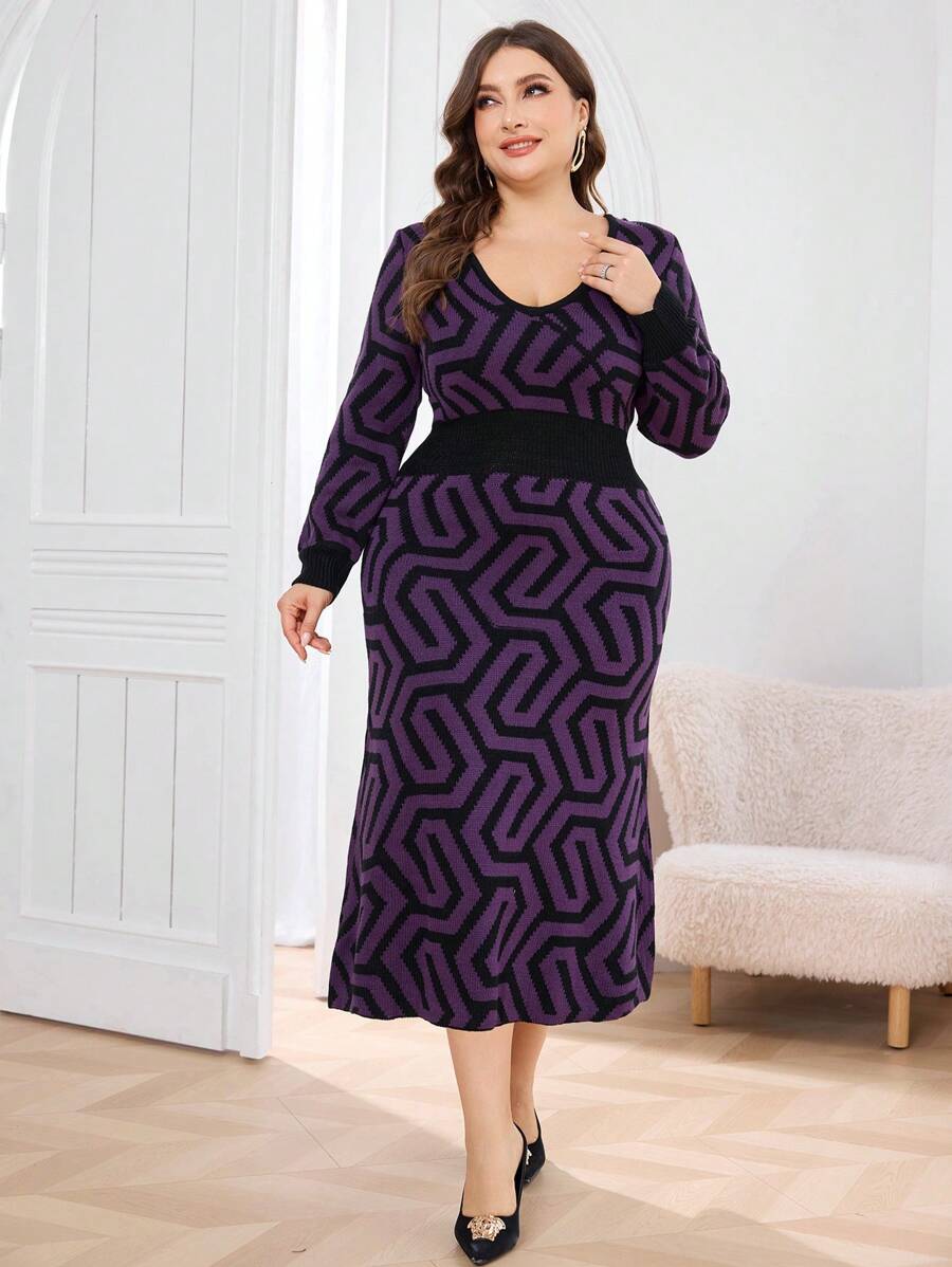 Modelyn Plus Size Women Full Pattern V-Neck Fitted Sweater Dress - Purple - View 1