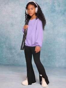 SHEIN Tween Girls' Loose Fit Textured Crew Neck Long Sleeve Sweatshirt,In Fall/Winter - Mauve Purple - View 3