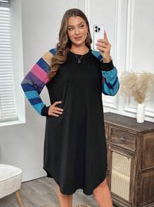 EMERY ROSE Plus Size Casual Colorblock Striped Raglan Sleeve Dress, Autumn
