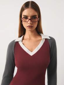 SURIMA Camiseta larga de manga larga con cuello en V, de terciopelo acanalado y bloque de color, cálida, para otoño/invierno, para mujer
