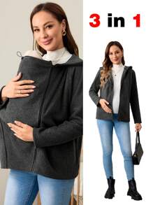 SHEIN 3 合 1 孕妇冬季长袖外套，带蓬松饰边，适合孕妇 - 深灰色 - 查看 1