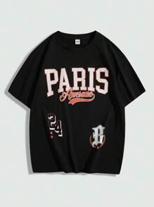 SHEIN Camiseta de manga corta con caída de hombros, estampado de letras en unicolor y ajuste suelto para niño adolescente - Negro - Ver 1