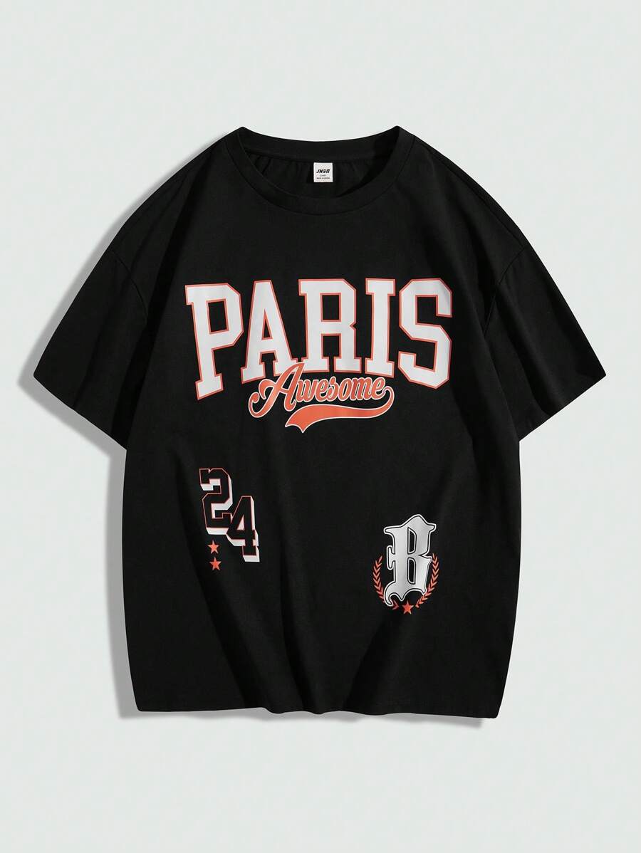 SHEIN Camiseta de manga corta con caída de hombros, estampado de letras en unicolor y ajuste suelto para niño adolescente - Negro - Ver 1
