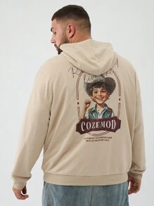 Manfinity NXTstreet Plus Size Men's Loose Small Boy Letter Casual Hoodie Going Out Graphic Long Sleeve Casual Khaki Hoodie, For Friends, Husband, Boyfriend Gifts