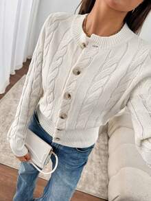 Chiquease 女款杏色圆领长袖粗针织开衫 - 杏色 - 查看 3