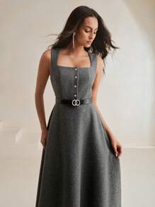 Anewsta 1 件女式无袖仿珍珠纽扣腰带优雅连衣裙 - 灰色 - 查看 5