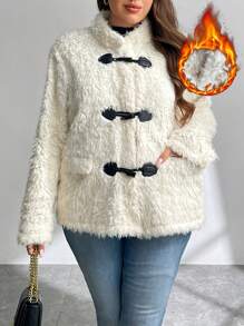SHEIN Privé Chaqueta de punto tipo cardigan con cuello de pelo esponjoso, corte holgado, para otoño e invierno, tallas grandes - Camel - Ver 6