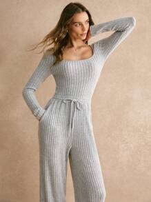 Poéselle 2 件灰色罗纹紧身衣和裤子套装，舒适家居服运动套装，运动服，休闲风格，长袖紧身衣和阔腿裤，秋冬基本款必备单品，宽松裤子，长袖，冬装 FW24 - 灰色 - 查看 6