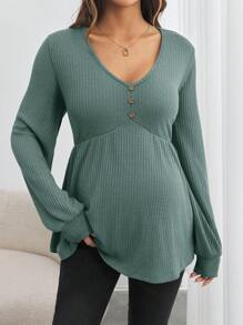 SHEIN Blusa de maternidad de manga larga, cuello en V, ajuste holgado con botones frontales