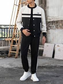 Manfinity Homme Bộ 2 món áo khoác bóng chày và quần nỉ chạy bộ màu trơn đơn giản cho nam, mùa xuân/thu - màu đen - Xem 5