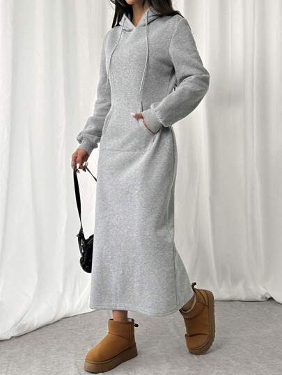 SHEIN EZwear Women's Solid Color Drawstring Long Sleeve Hooded Pocket Maxi Casual Sweatshirt Dress, Autumn Winter