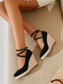 Styleloop 女式扣飾踝帶帆布鞋,春夏度假黑色仿麂皮內增高平底繩織底鞋 - 黑色 - 查看 2