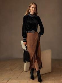 MOTF PREMIUM ÁO THUN CỔ TRỤ CÓ TAY LỒNG THÊU NHUNG - màu đen - Xem 5