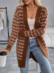 SHEIN Unity Cardigan Longgar Wanita Kasual Motif Kotak-kotak dengan Bukaan Depan - Coffee Brown - View 5