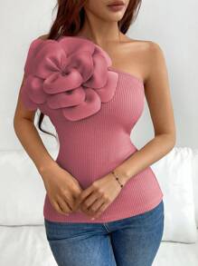 Islaluna Elegante Top sin mangas de un solo hombro con decoración floral 3D de unicolor