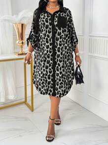 SHEIN Lady Spring And Summer Autumn And Winter Elegant Leopard Print Woven Shirt Collar Shirt Sleeve Pocket Shirt Dress Midi Long Sleeve Plus Size Dresses