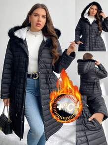 SHEIN Privé 大码优雅通勤休闲学院风连帽拉链长袖抽绳腰部保暖加厚冬季夹克 - 黑與白 - 查看 6