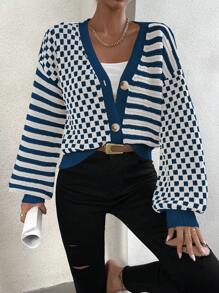SHEIN Unity Women Casual Stripe & Checkerboard Splicing Drop Shoulder Loose Knit Cardigan - Multicolor - View 5