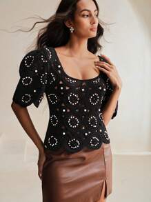 Anewsta 方领花瓣镂空钩针泡泡袖女式度假优雅 T 恤 - 黑色 - 查看 1