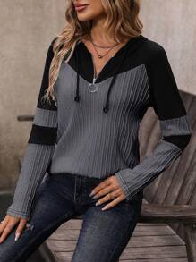 EMERY ROSE Áo thun dài tay có mũ, dây rút, phối màu, kiểu dáng thường ngày dành cho nữ, thích hợp mặc mùa thu, xuân hè. - Xám - Xem 3